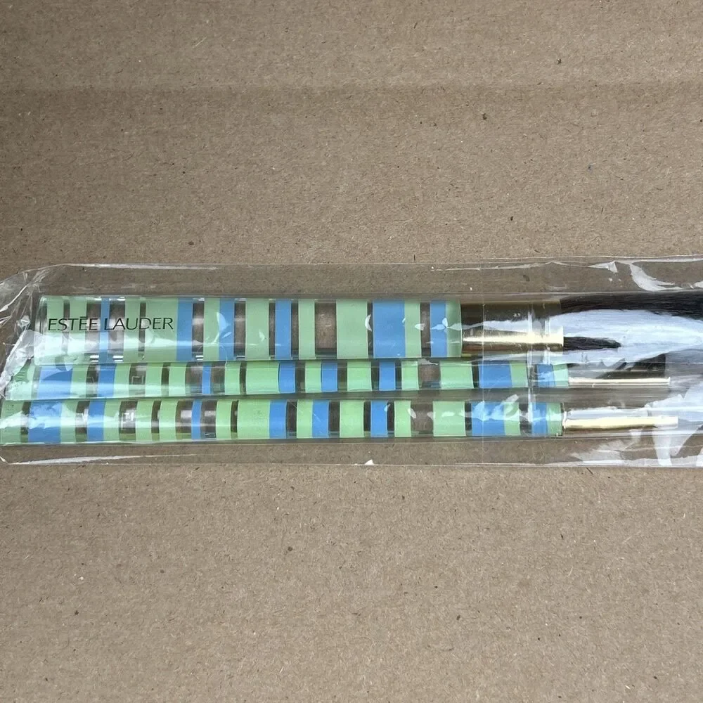 Estee Lauder Makeup Brush Set Of 3 Clear Green Blue Travel NEW